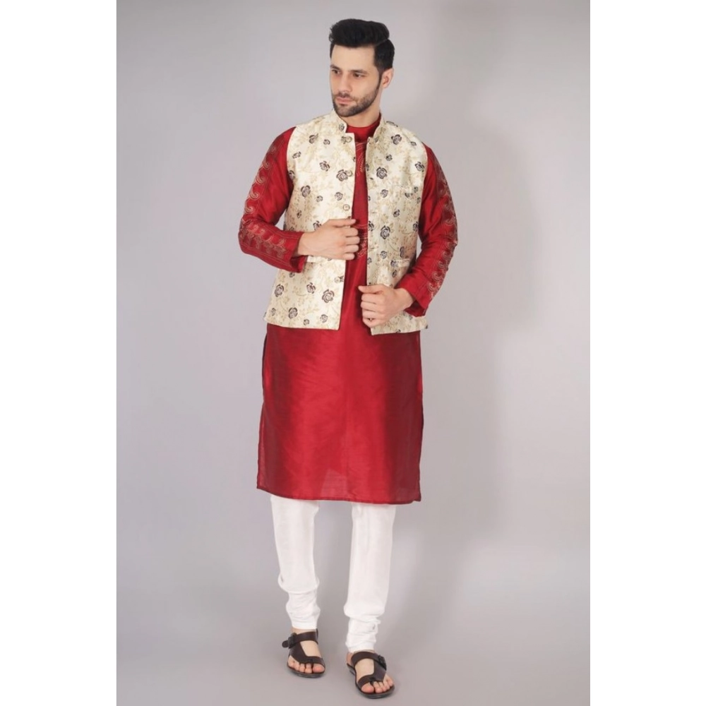 Men's Jacquard Self-Design Sleeveless Mandarin Neck Waistcoat (Cream) - Image 3