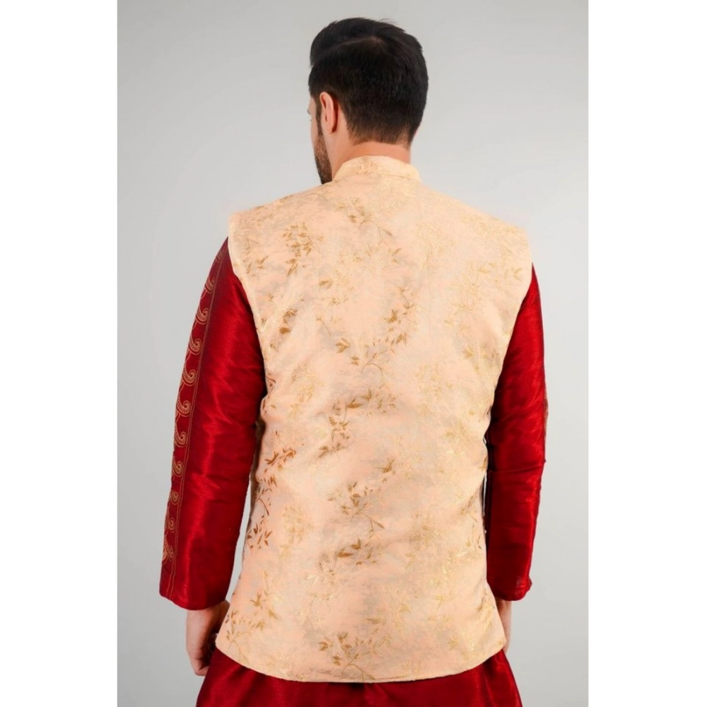 Men's Jacquard Self-Design Sleeveless Mandarin Neck Waistcoat (Beige) - Image 5