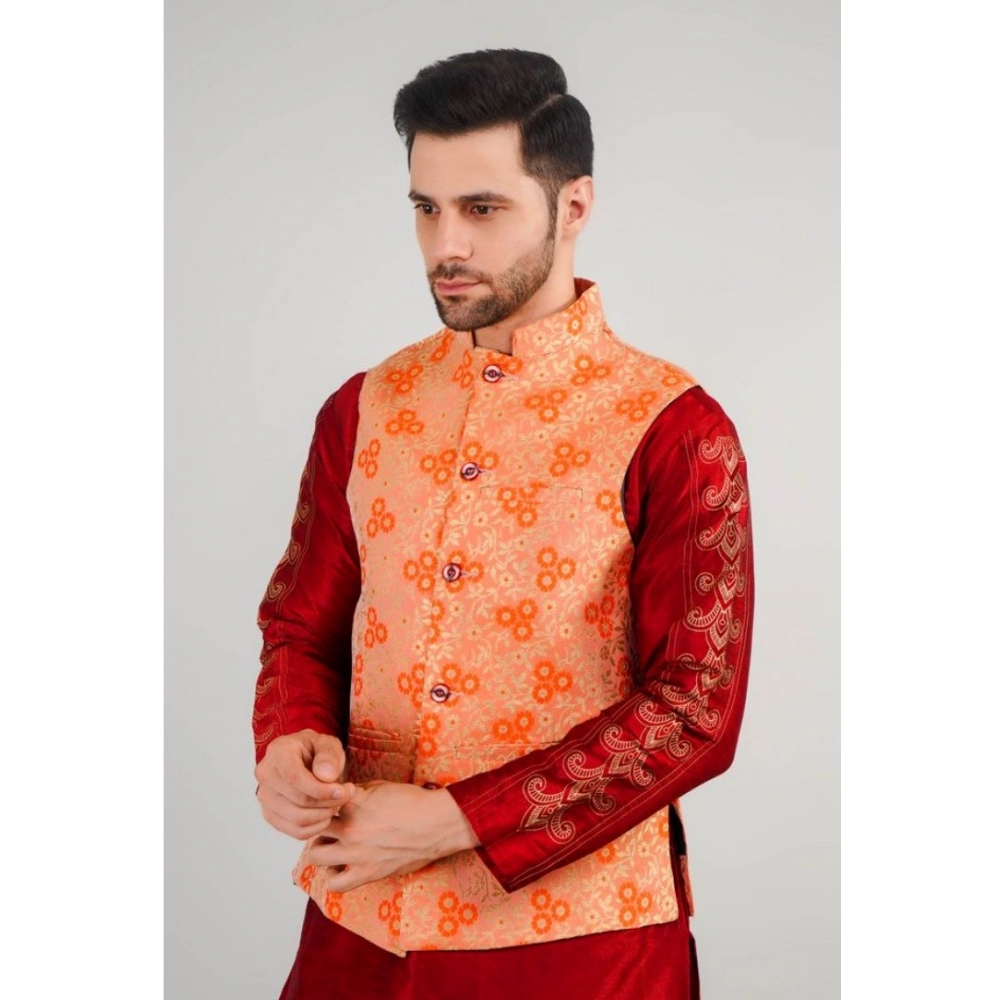 Men's Jacquard Self-Design Sleeveless Mandarin Neck Waistcoat (Orange) - Image 5