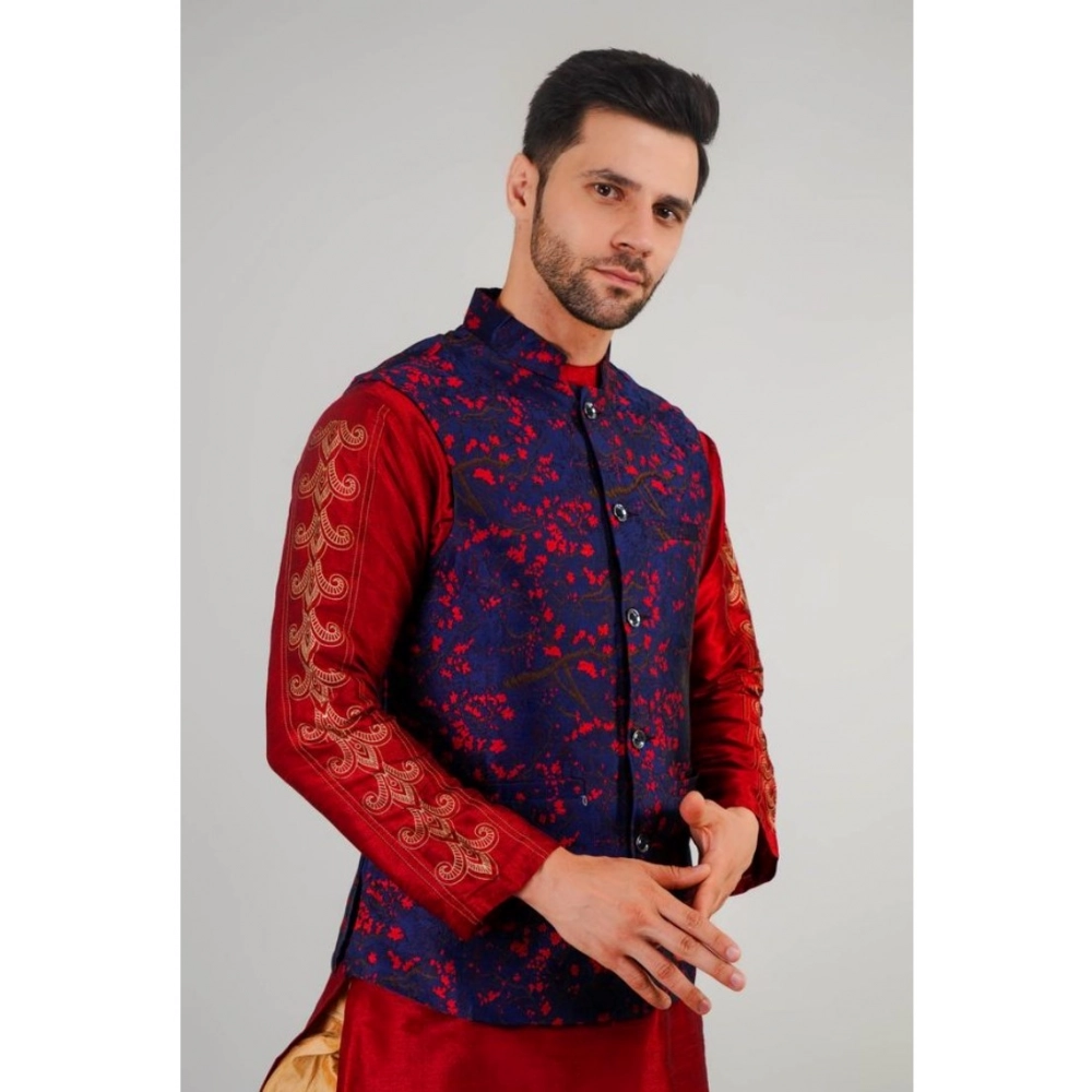 Men's Jacquard Self-Design Sleeveless Mandarin Neck Waistcoat (Blue-Red) - Image 4