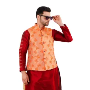 Men's Jacquard Self-Design Sleeveless Mandarin Neck Waistcoat (Orange)