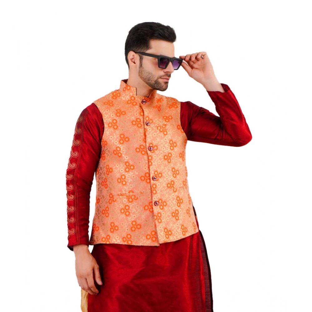 Men's Jacquard Self-Design Sleeveless Mandarin Neck Waistcoat (Orange)