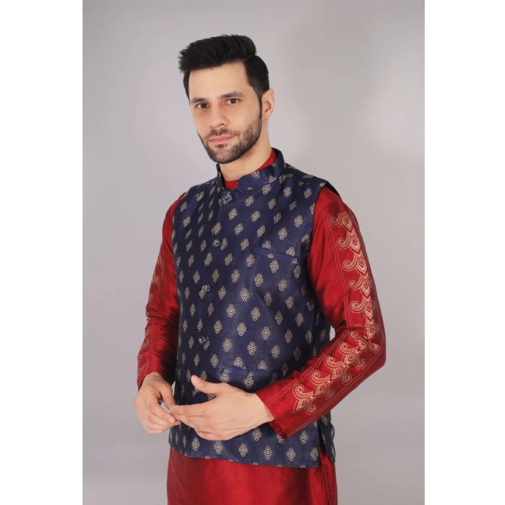 Men's Jacquard Self-Design Sleeveless Mandarin Neck Waistcoat (NavyBlue-Gold) - Image 4