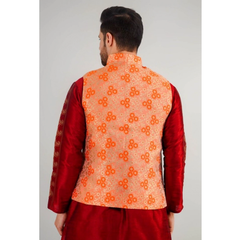 Men's Jacquard Self-Design Sleeveless Mandarin Neck Waistcoat (Orange) - Image 4