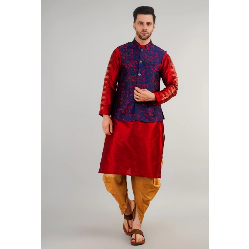 Men's Jacquard Self-Design Sleeveless Mandarin Neck Waistcoat (Blue-Red) - Image 3