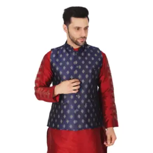 Men's Jacquard Self-Design Sleeveless Mandarin Neck Waistcoat (NavyBlue-Gold)