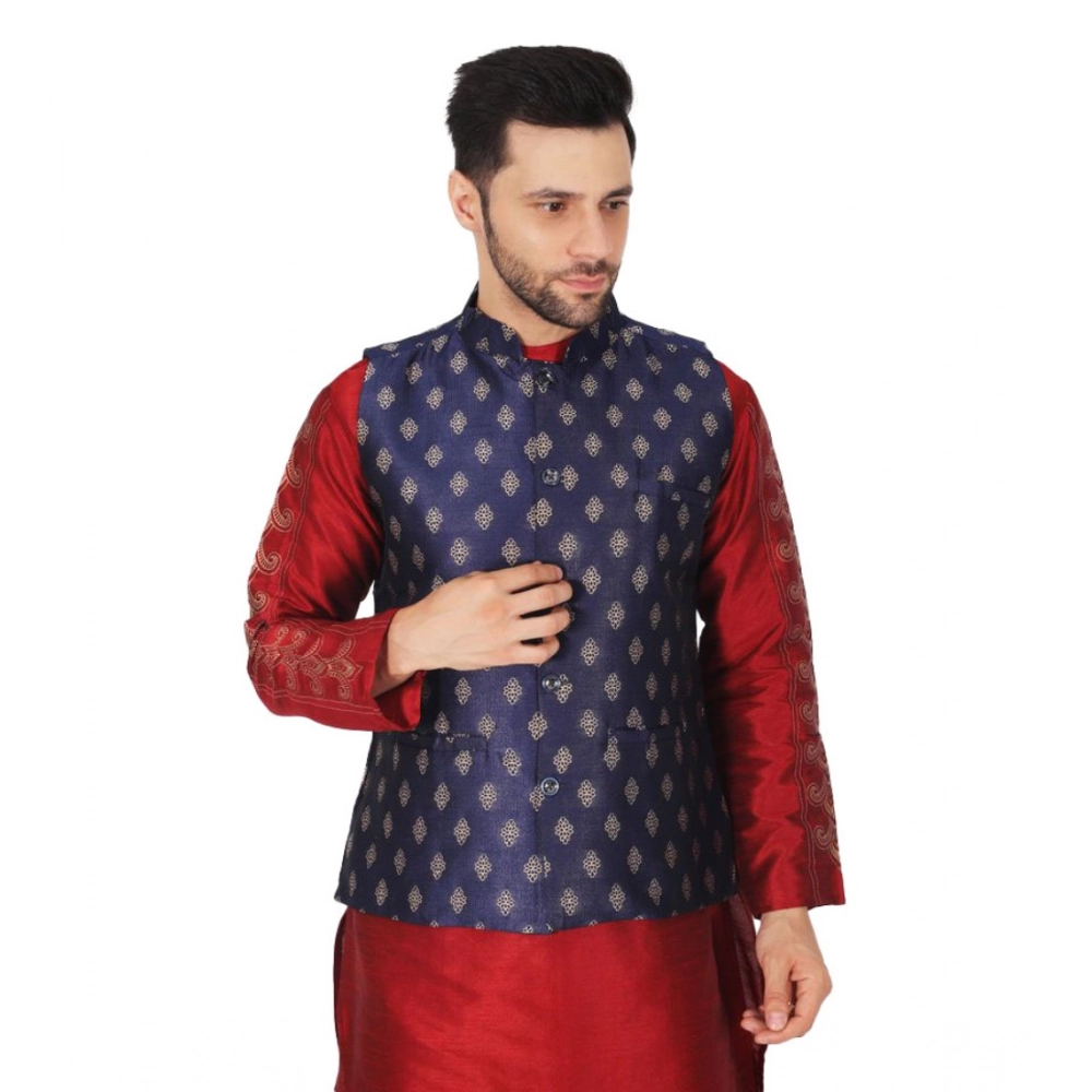 Men's Jacquard Self-Design Sleeveless Mandarin Neck Waistcoat (NavyBlue-Gold)