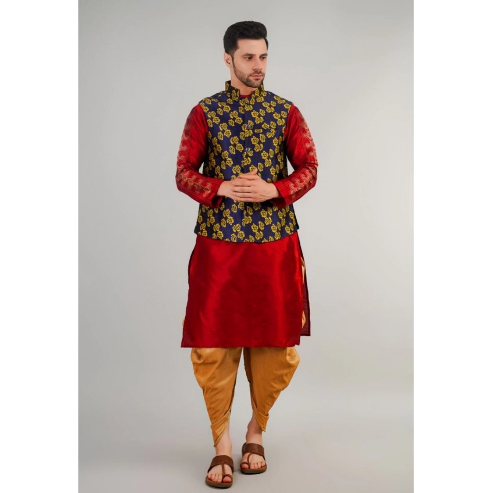 Men's Jacquard Self-Design Sleeveless Mandarin Neck Waistcoat (Blue-Gold) - Image 3