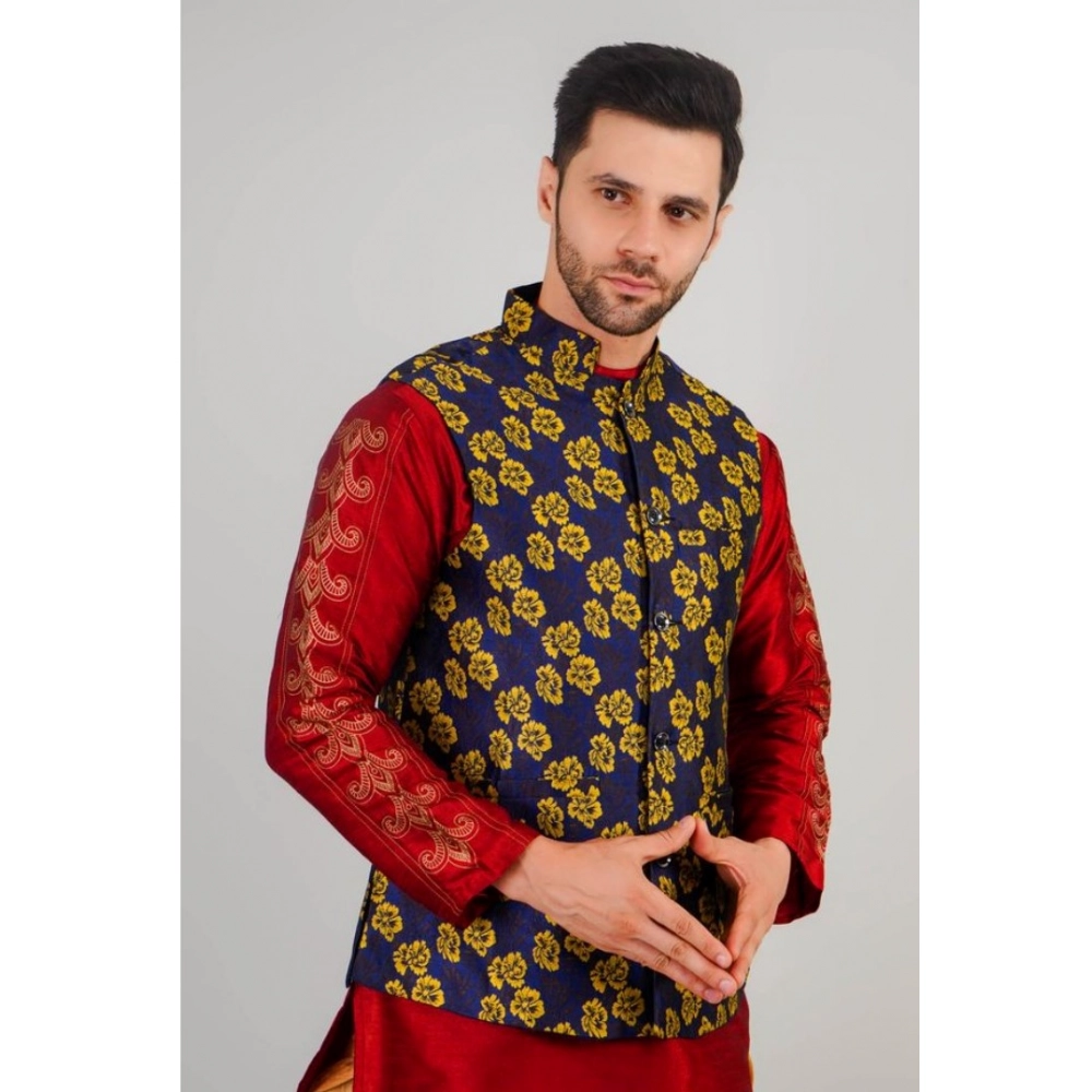 Men's Jacquard Self-Design Sleeveless Mandarin Neck Waistcoat (Blue-Gold) - Image 4