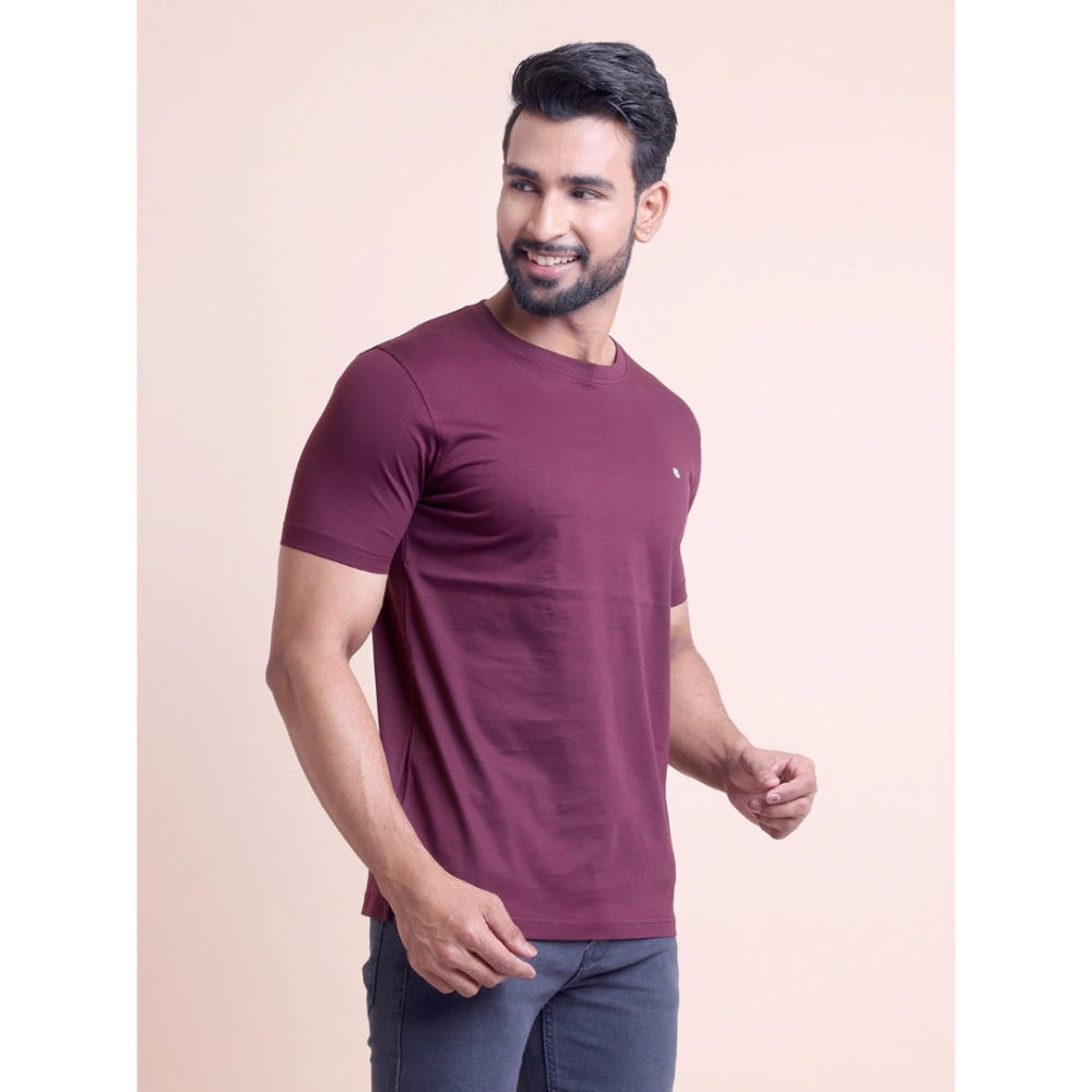 Men's Casual Cotton Solid Half Sleeve Round Neck T-Shirt (Wine) - Image 4