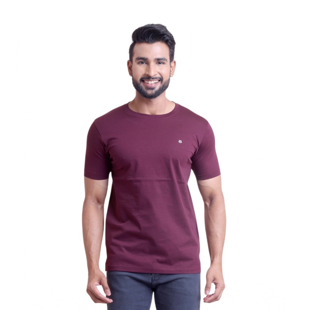 Men's Casual Cotton Solid Half Sleeve Round Neck T-Shirt (Wine)