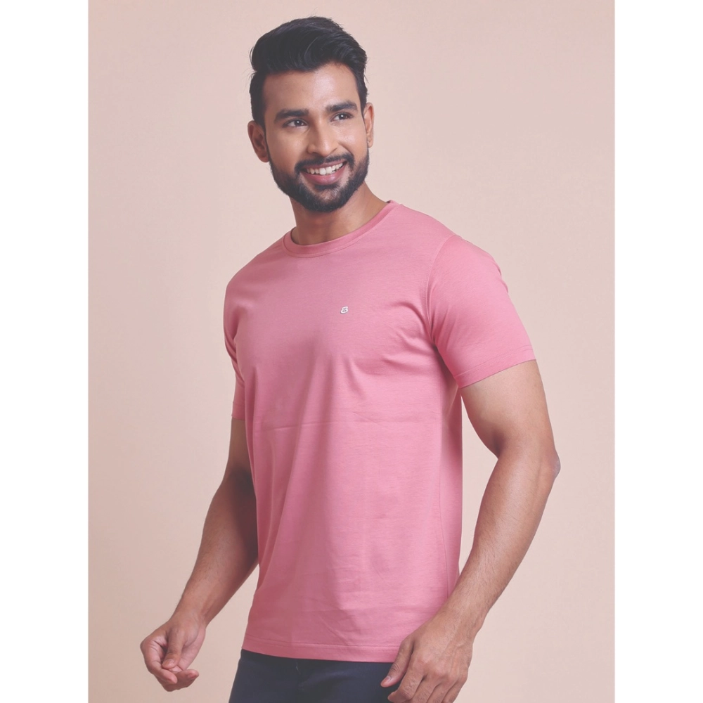 Men's Casual Cotton Solid Half Sleeve Round Neck T-Shirt (Pink) - Image 5