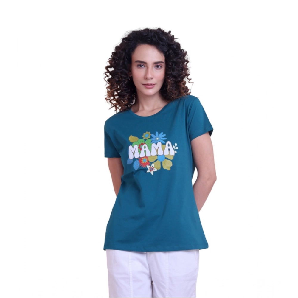 Women's Casual Cotton Printed Half Sleeve Round Neck T-Shirt (BottelGreen)