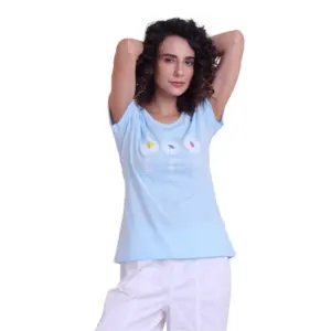 Women's Casual Cotton Printed Half Sleeve Round Neck T-Shirt (Blue)