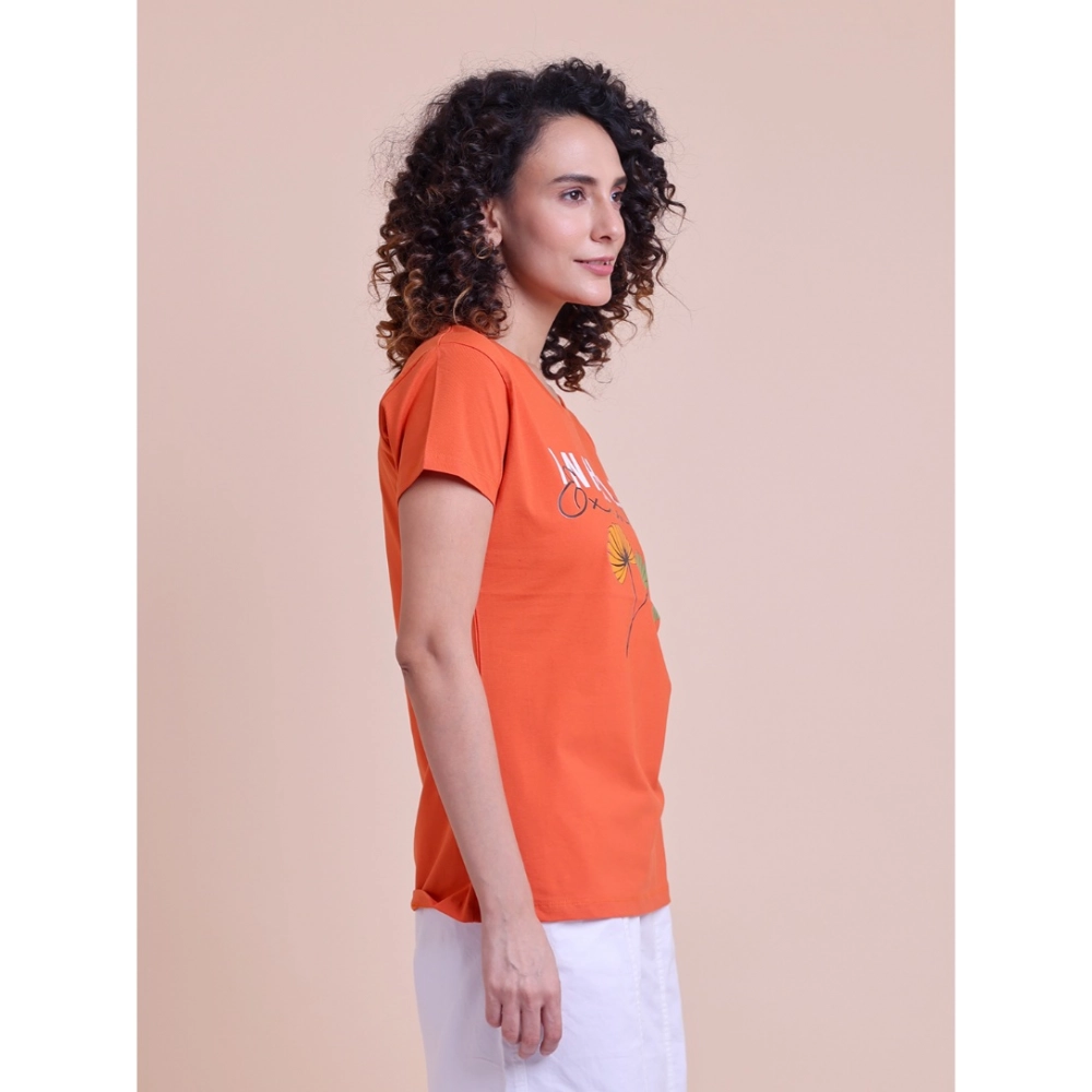 Women's Casual Cotton Printed Half Sleeve Round Neck T-Shirt (Rust) - Image 4