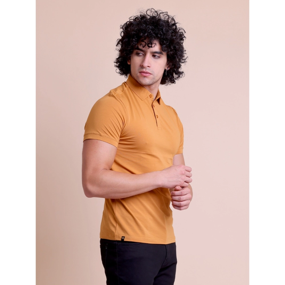 Men's Casual Cotton Solid Half Sleeve Polo Neck T-Shirt (Brown) - Image 4