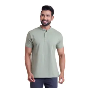 Men's Casual Cotton Solid Half Sleeve Mandarin Collar T-Shirt (Newsage)