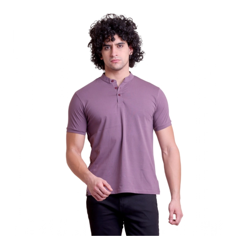 Men's Casual Cotton Solid Half Sleeve Mandarin Collar T-Shirt (Berry)