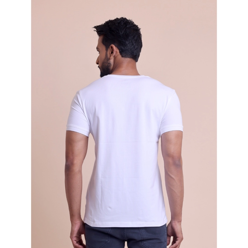 Men's Casual Cotton Solid Half Sleeve V Neck T-Shirt (White) - Image 3
