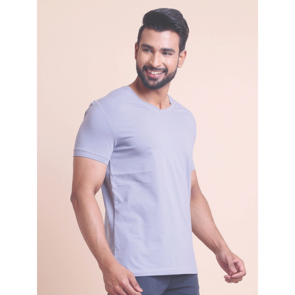Men's Casual Cotton Solid Half Sleeve V Neck T-Shirt (Purple) - Image 4