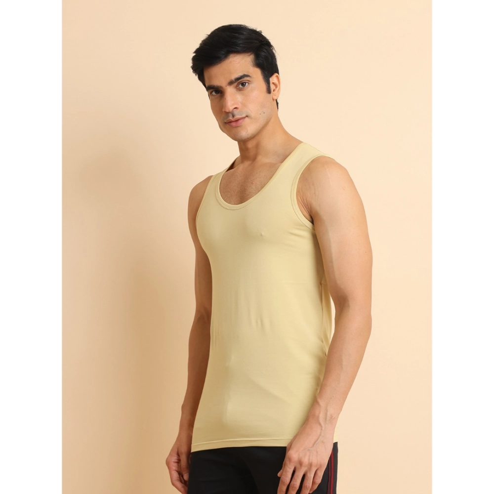 Men's Casual Cotton Solid Round Neck Sleeveless Vest (Beige) - Image 5