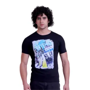 Men's Casual Cotton Printed Half Sleeve Round Neck T-Shirt (Black)