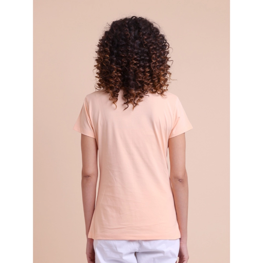 Women's Casual Cotton Printed Half Sleeve Round Neck T-Shirt (Peach) - Image 3