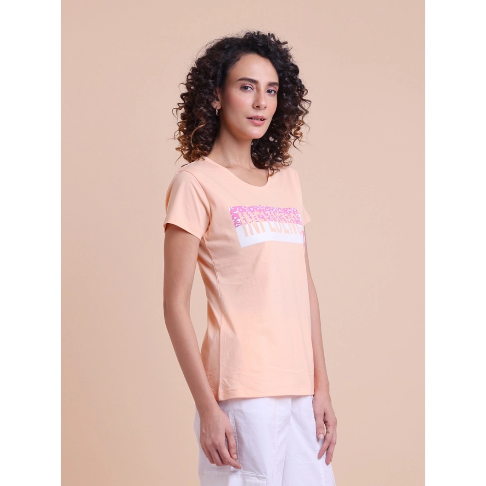 Women's Casual Cotton Printed Half Sleeve Round Neck T-Shirt (Peach) - Image 4