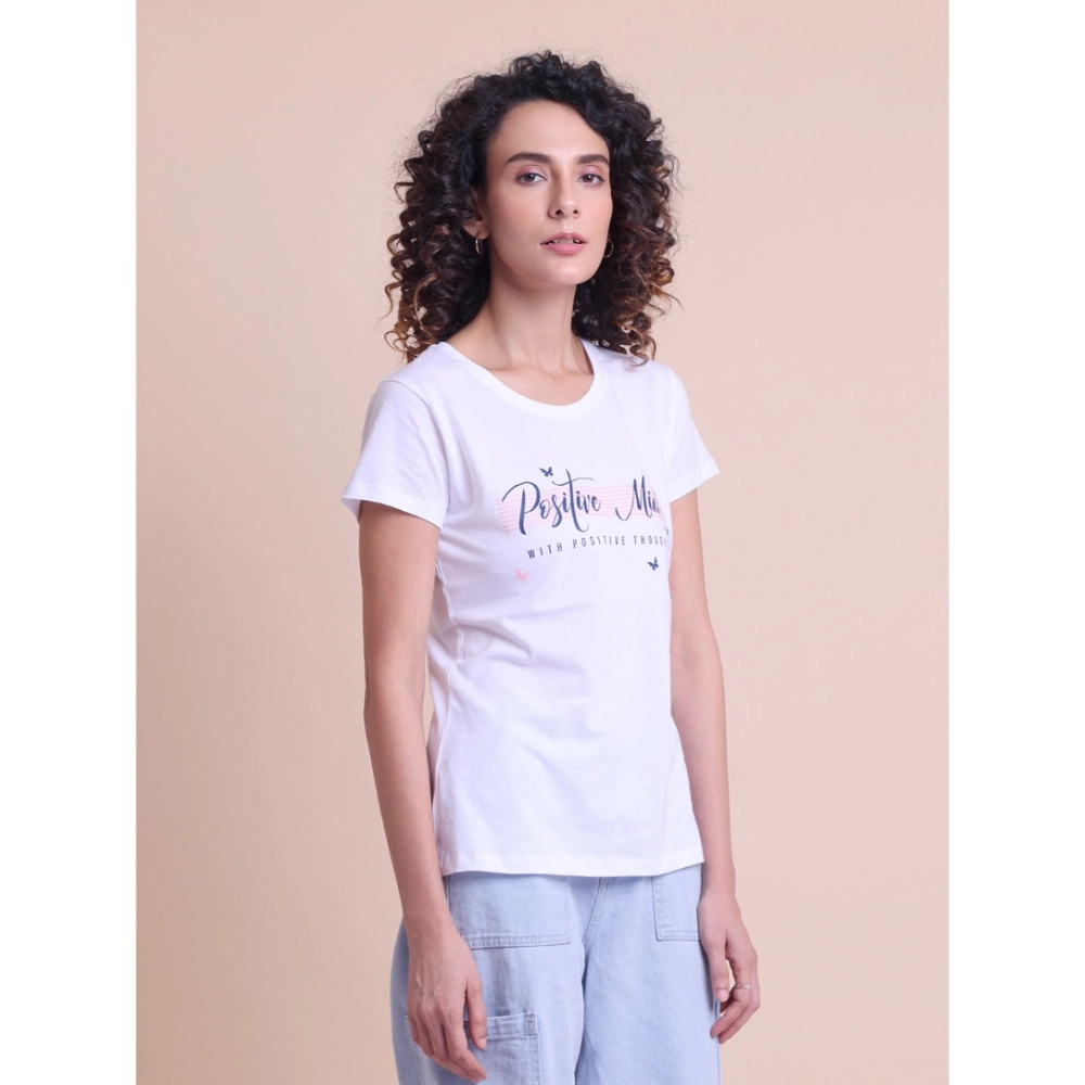 Women's Casual Cotton Printed Half Sleeve Round Neck T-Shirt (White) - Image 4