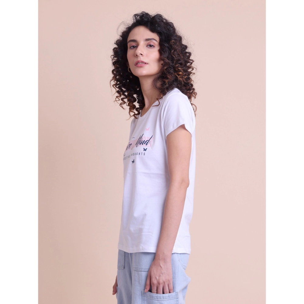 Women's Casual Cotton Printed Half Sleeve Round Neck T-Shirt (White) - Image 5