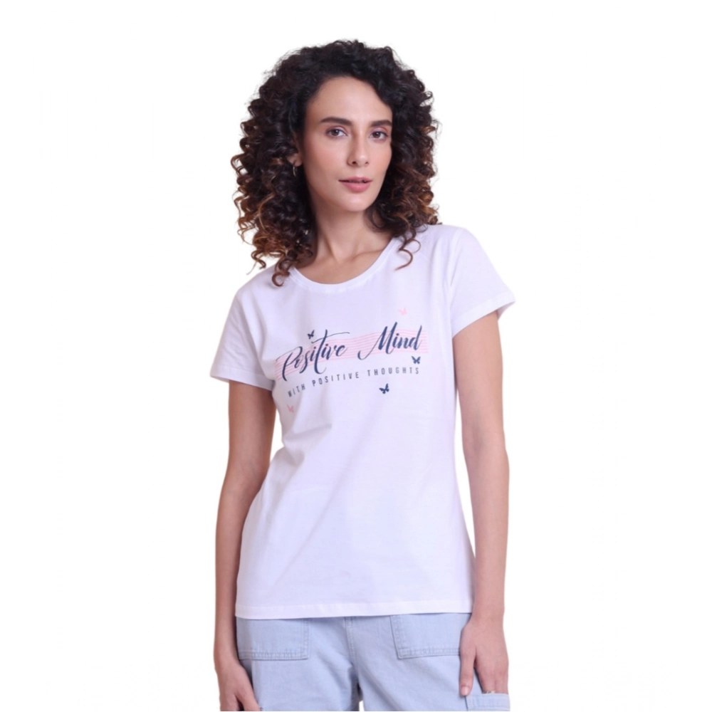 Women's Casual Cotton Printed Half Sleeve Round Neck T-Shirt (White)
