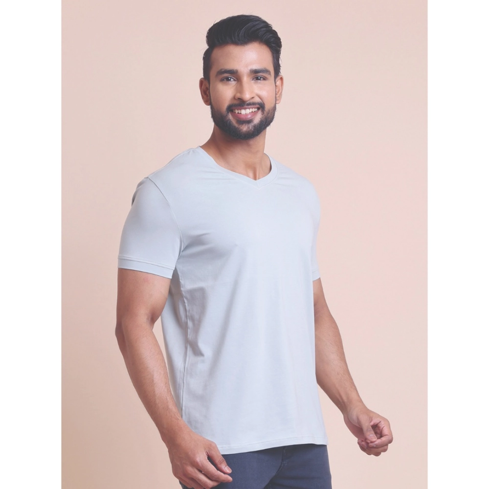 Men's Casual Cotton Solid Half Sleeve V Neck T-Shirt (Grey) - Image 4