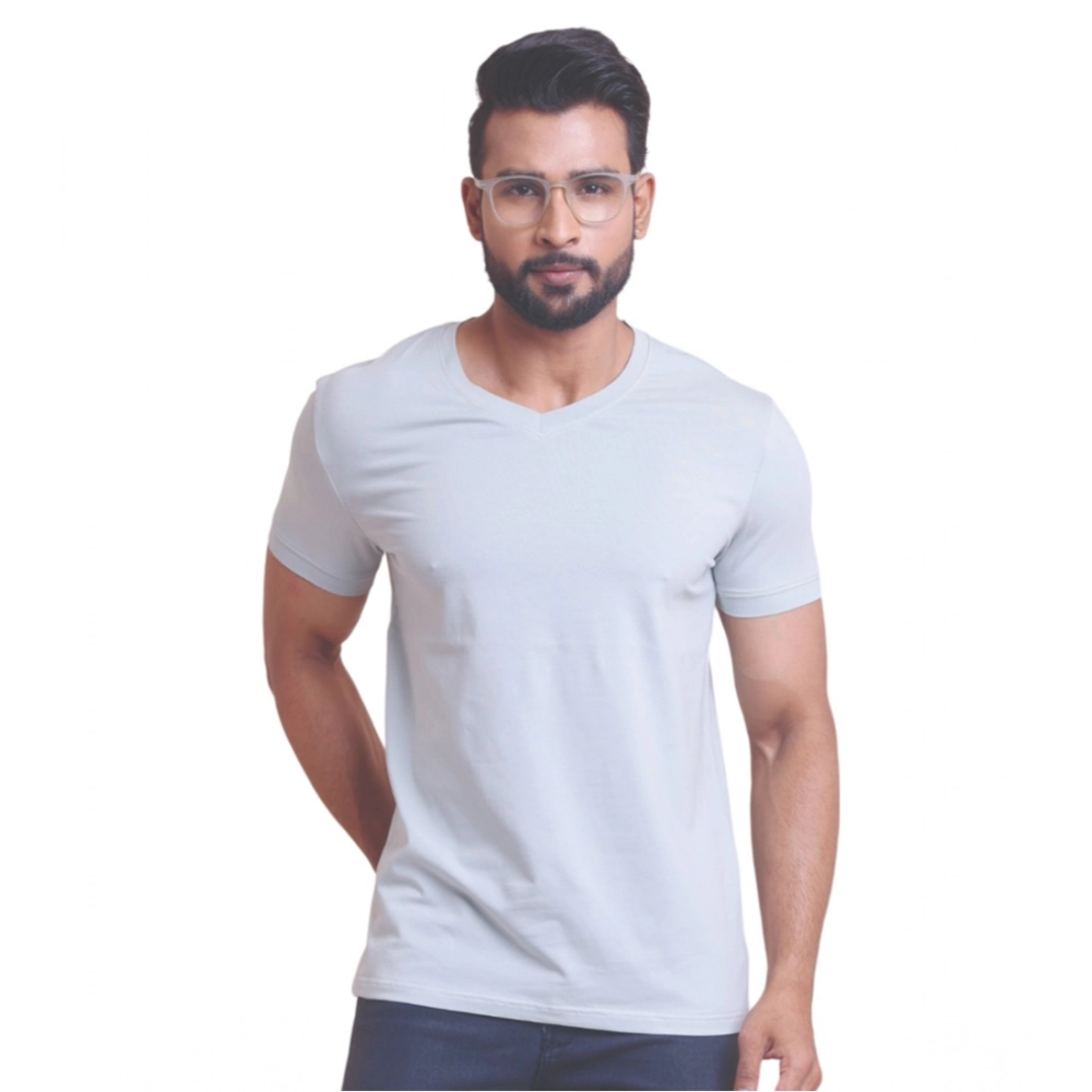 Men's Casual Cotton Solid Half Sleeve V Neck T-Shirt (Grey)