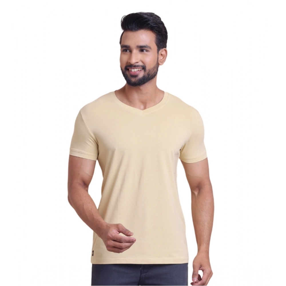 Men's Casual Cotton Solid Half Sleeve V Neck T-Shirt (Beige)