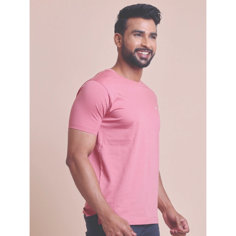 Men's Casual Cotton Solid Half Sleeve Round Neck T-Shirt (Pink) - Image 4
