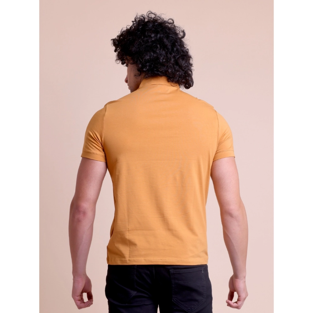 Men's Casual Cotton Solid Half Sleeve Polo Neck T-Shirt (Brown) - Image 3
