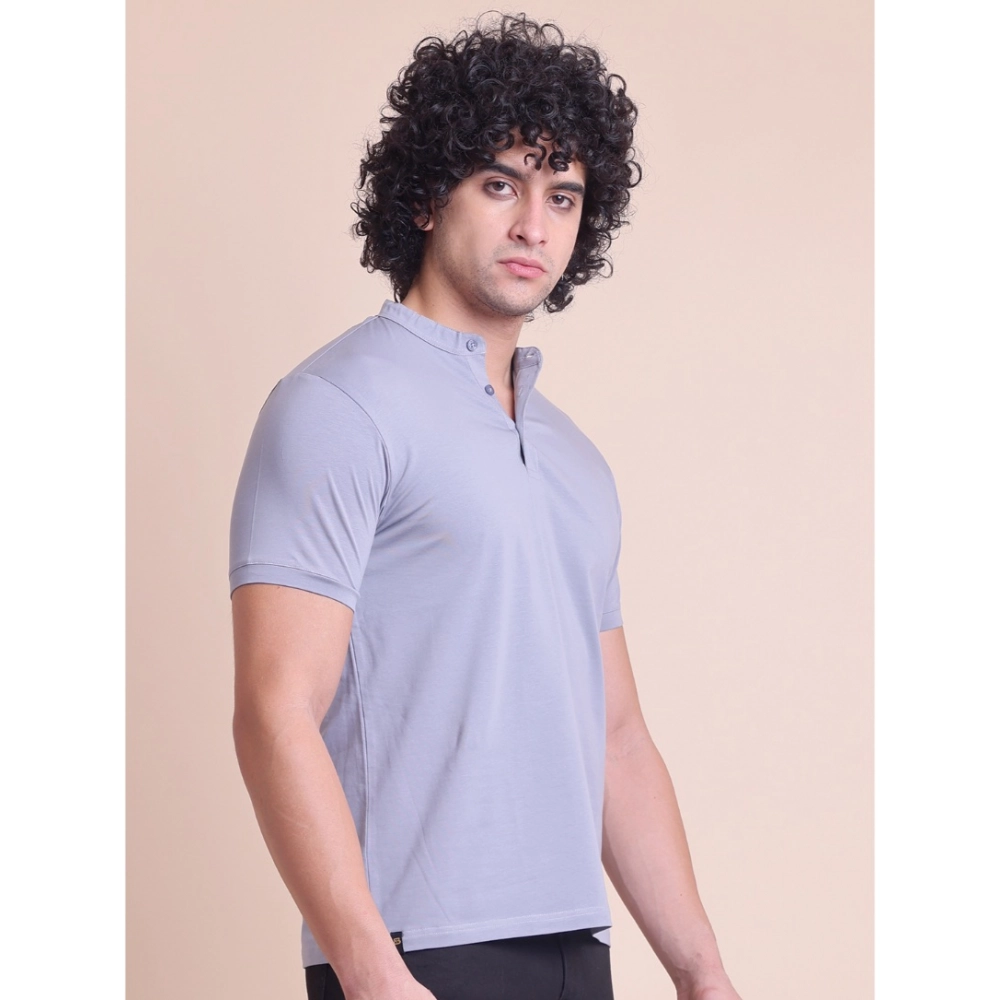 Men's Casual Cotton Solid Half Sleeve Mandarin Collar T-Shirt (Teegrey) - Image 4