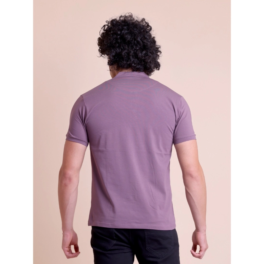 Men's Casual Cotton Solid Half Sleeve Mandarin Collar T-Shirt (Berry) - Image 3
