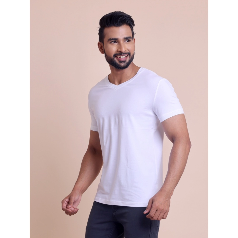 Men's Casual Cotton Solid Half Sleeve V Neck T-Shirt (White) - Image 5
