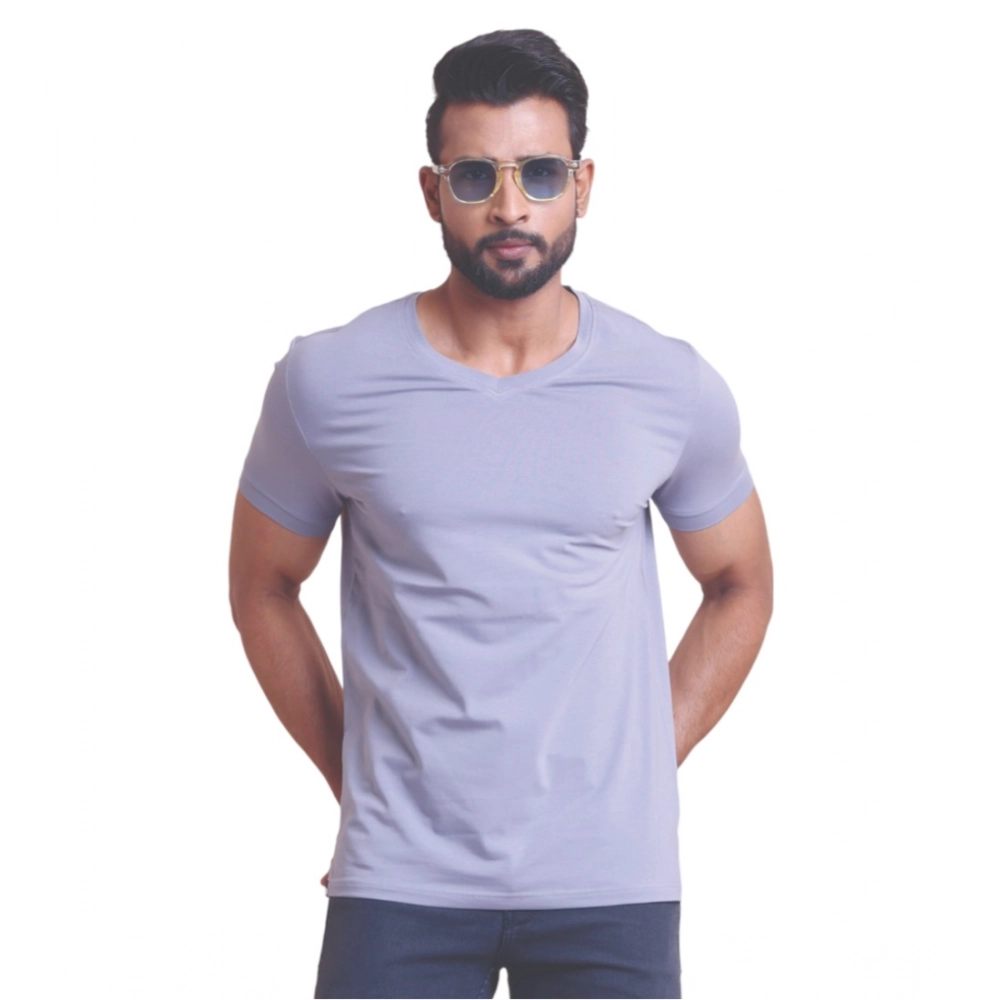 Men's Casual Cotton Solid Half Sleeve V Neck T-Shirt (Purple)