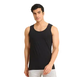 Men's Casual Cotton Solid Round Neck Sleeveless Vest (Black)