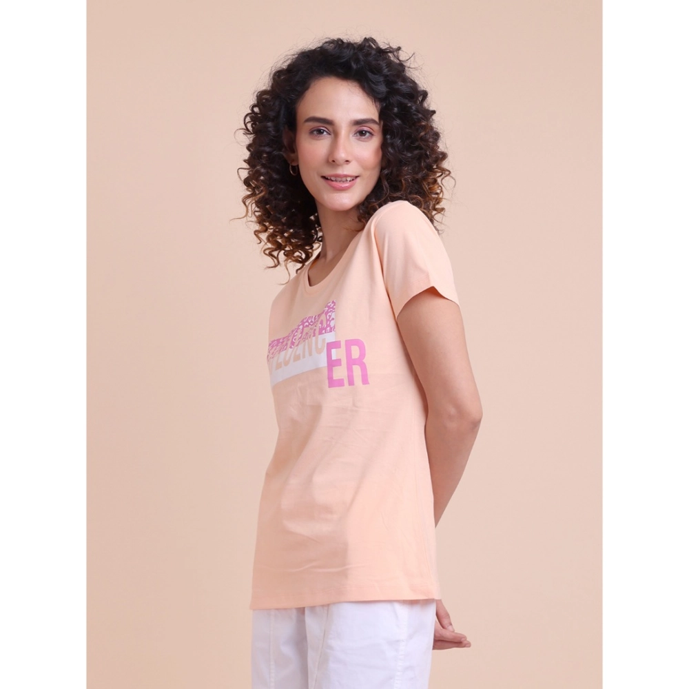 Women's Casual Cotton Printed Half Sleeve Round Neck T-Shirt (Peach) - Image 5