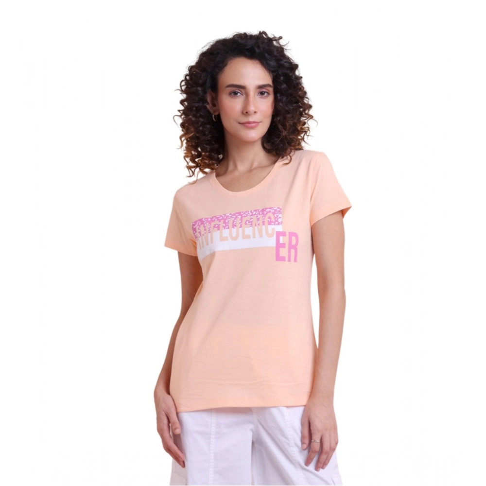 Women's Casual Cotton Printed Half Sleeve Round Neck T-Shirt (Peach)