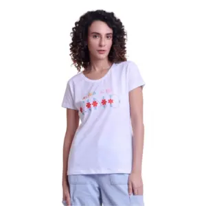 Women's Casual Cotton Printed Half Sleeve Round Neck T-Shirt (White)
