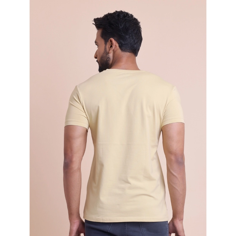 Men's Casual Cotton Solid Half Sleeve V Neck T-Shirt (Beige) - Image 3