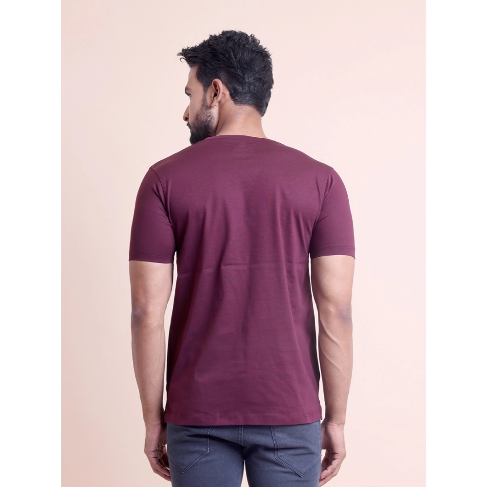 Men's Casual Cotton Solid Half Sleeve Round Neck T-Shirt (Wine) - Image 3