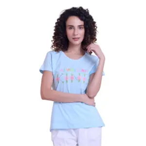 Women's Casual Cotton Printed Half Sleeve Round Neck T-Shirt (Blue)