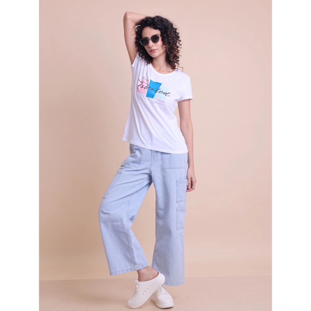 Women's Casual Cotton Printed Half Sleeve Round Neck T-Shirt (White) - Image 5