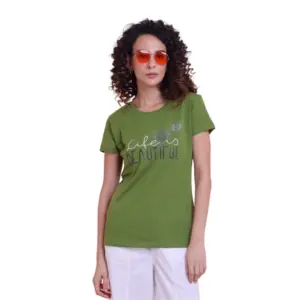 Women's Casual Cotton Printed Half Sleeve Round Neck T-Shirt (Olive)