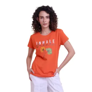 Women's Casual Cotton Printed Half Sleeve Round Neck T-Shirt (Rust)